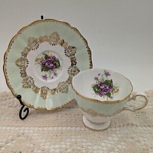 Vintage 1950s Westbrook Tea Cup & Saucer - Green w Gold Trim & Violets